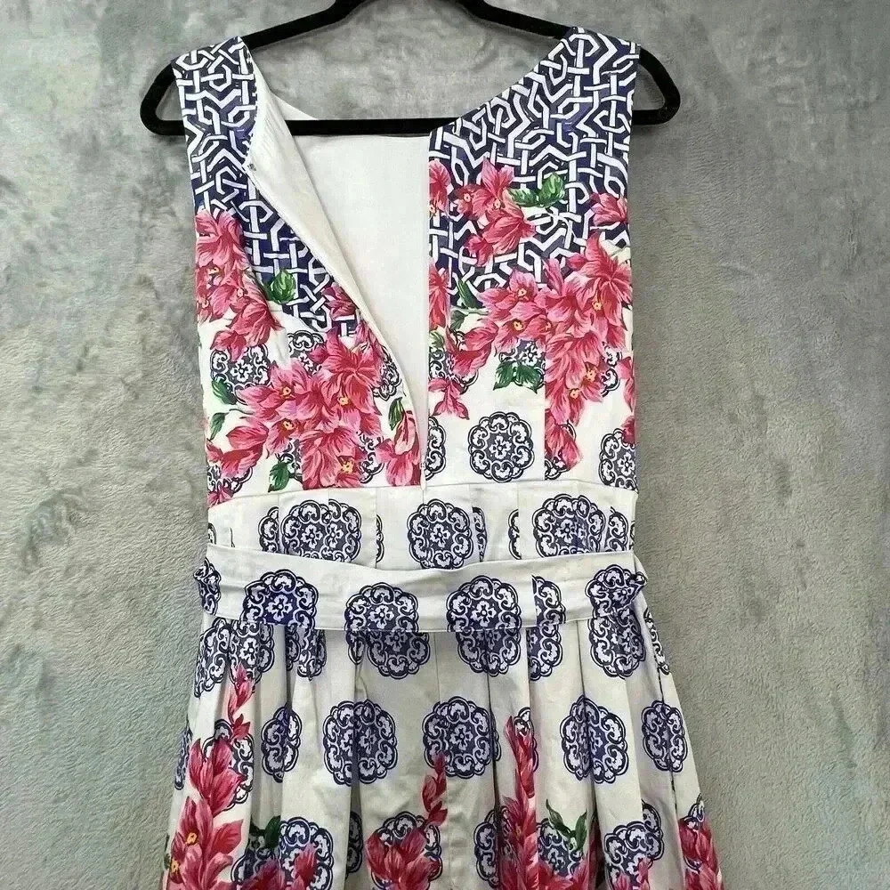 Talbot Mosaic Floral Sateen Fit & Flare Pink Blue Pleated Dress Knee Length Sz 8 - Picture 12 of 16